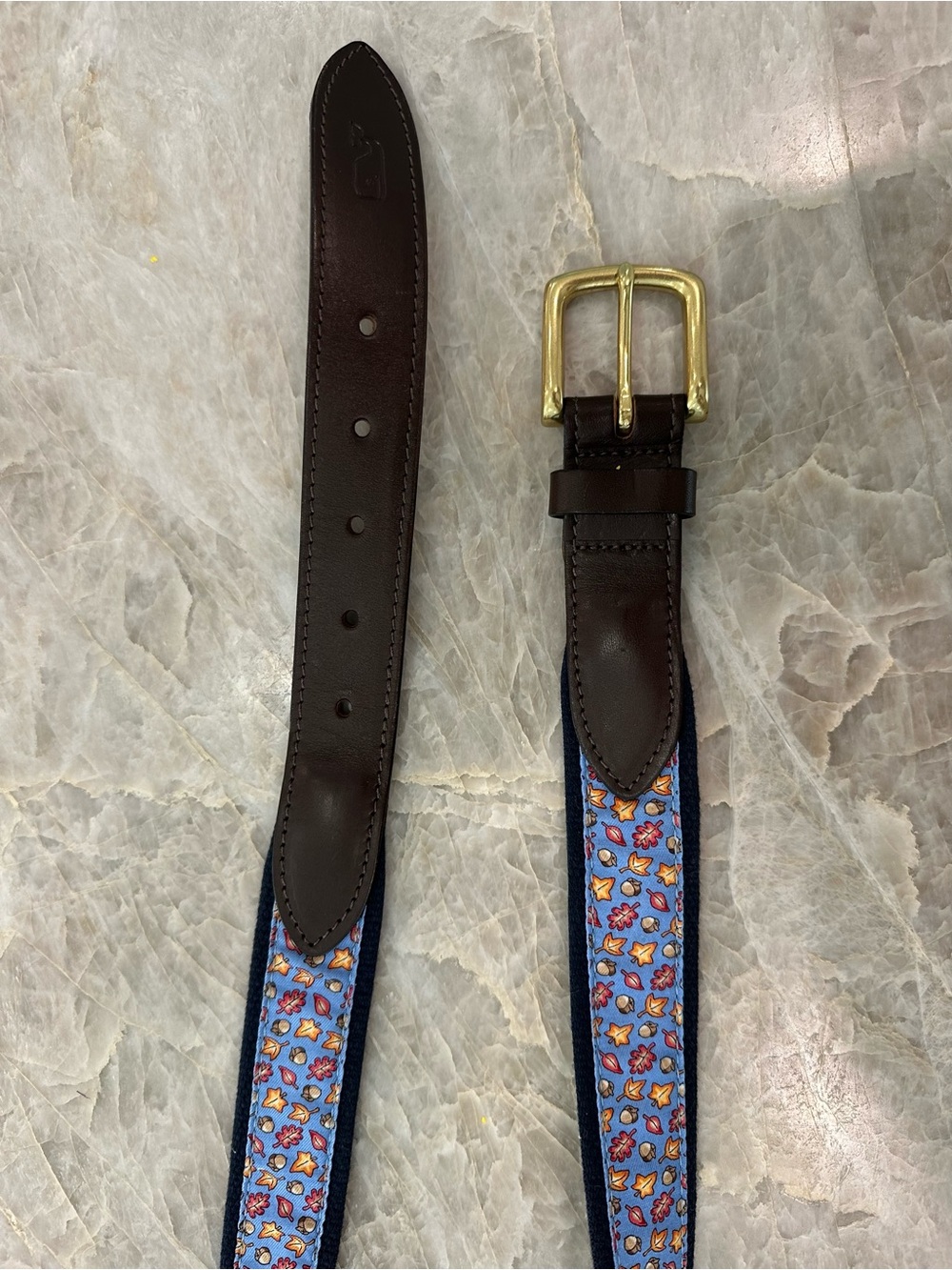 Vineyard Vines Belt, Blue with Fall leaves, Brown Leather & Gold Buckle